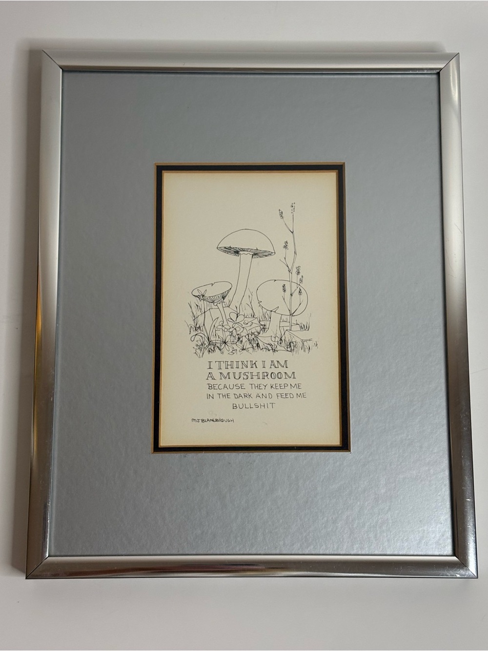Vintage 1980 wall art print by MJ Blakebrough titled "I Think I Am A Mushroom…”